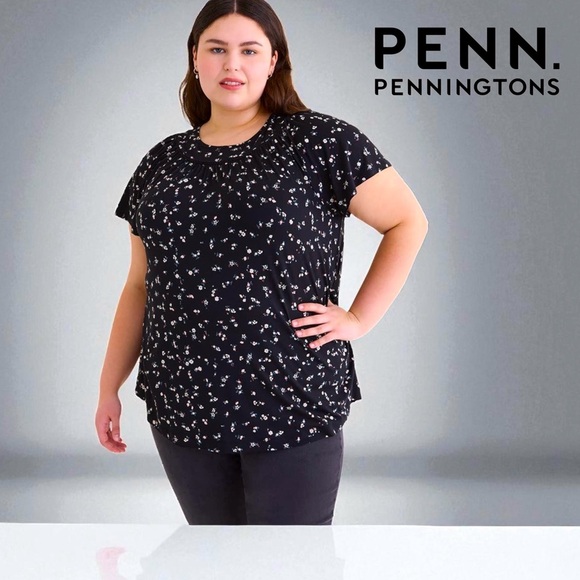 Penningtons, Short Flutter Sleeve Tunic With Trim Insert, 3X, Black - Picture 1 of 8